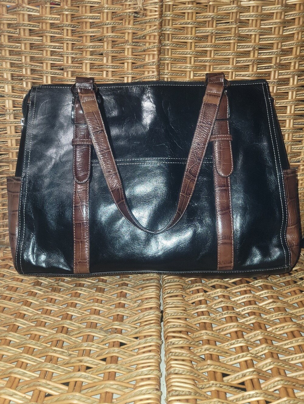 Fossil Black Brown Leather Handbag Computer Briefcase Croc Satchel W/ Key - Picture 2 of 10